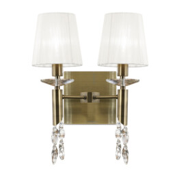 Tiffany Wall Lamp Switched 2+2 Light E14+G9, Antique Brass With White Shades & Clear Crystal