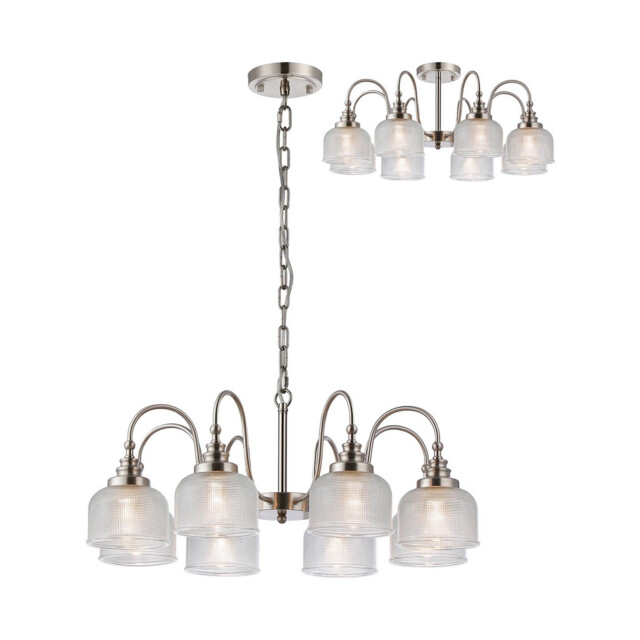 DeRuyter 73cm Semi Flush/Pendant, 8 Light E27, Satin Nickel/Clear Glass - image 1
