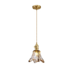 Leyden Switched Ceiling Pendant 1.5m, E27, Brass, Pale Gold Twisted Cable, Brown Flower Glass