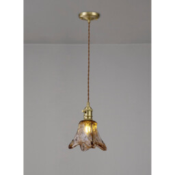 Leyden Switched Ceiling Pendant 1.5m, E27, Brass, Pale Gold Twisted Cable, Brown Flower Glass - thumbnail 3