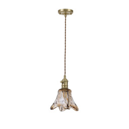 Leyden Switched Ceiling Pendant 1.5m, E27, Brass, Pale Gold Twisted Cable, Brown Flower Glass - thumbnail 5