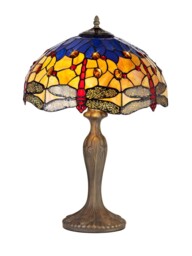 Worcester 2 Light Curved Table Lamp E27 With 40cm Tiffany Shade, Blue, Orange, Crystal, Aged Antique Brass