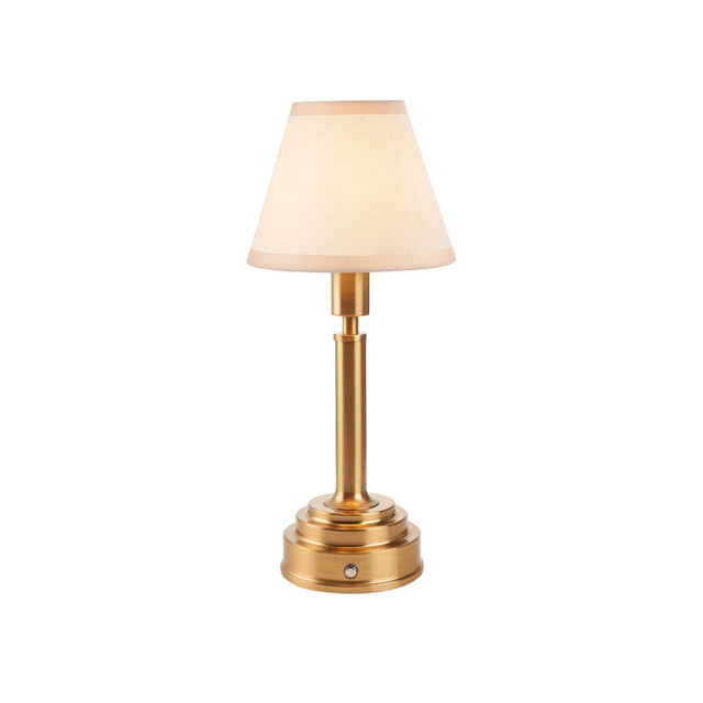 Upton Rechargeable Brushed Aged Brass Plate Table Lamp with Vintage White Fabric Ivy Shade 16cm Integrated LED - image 1