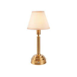 Upton Rechargeable Brushed Aged Brass Plate Table Lamp with Vintage White Fabric Ivy Shade 16cm Integrated LED