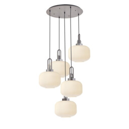 Yorktown 75cm 2.5m Round Pendant, 5 x E27, Pewter/Matt Black With 30cm Pumpkin Shaped Ribbed Opal Glass - thumbnail 1