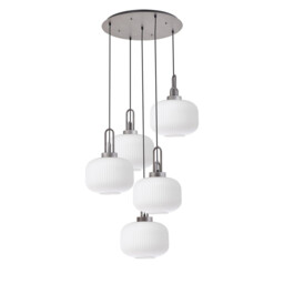 Yorktown 75cm 2.5m Round Pendant, 5 x E27, Pewter/Matt Black With 30cm Pumpkin Shaped Ribbed Opal Glass - thumbnail 5