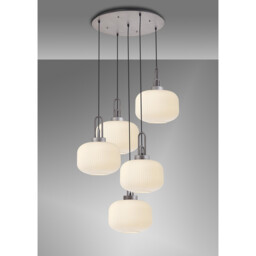 Yorktown 75cm 2.5m Round Pendant, 5 x E27, Pewter/Matt Black With 30cm Pumpkin Shaped Ribbed Opal Glass - thumbnail 3