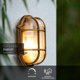 Dudley Retro Oval Bulkhead Wall Light Outdoor - 1xE27 - IP65 - Matt Gold, Brass - thumbnail 2