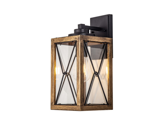 Clarendon Large Wall Lamp, 1 x E27, Wood Effect & Black, Clear Glass, IP54, 2yrs Warranty - image 1