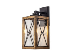 Clarendon Large Wall Lamp, 1 x E27, Wood Effect & Black, Clear Glass, IP54, 2yrs Warranty - thumbnail 1