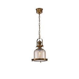 Vintage 26cm Bell Pendant, 1 Light E27, Antique Brass/Amber Glass - thumbnail 1