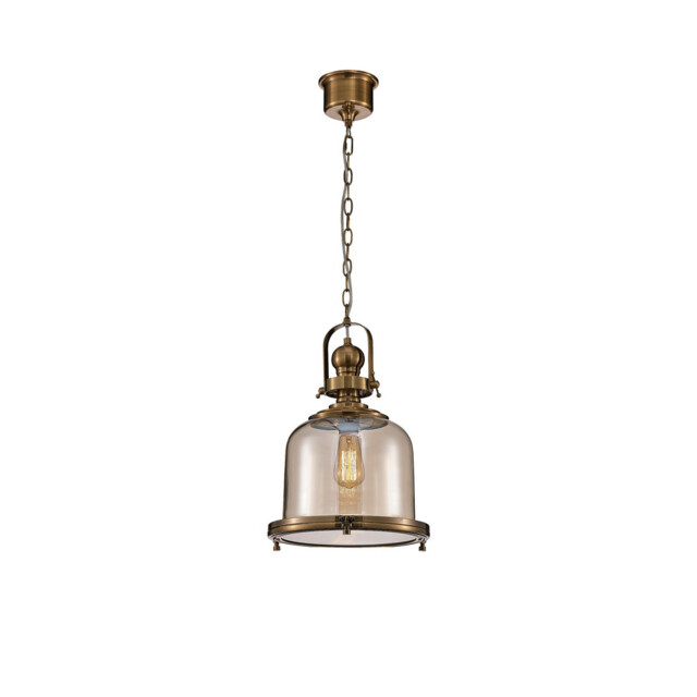 Vintage 33cm Bell Pendant, 1 Light E27, Antique Brass/Amber Glass - image 1