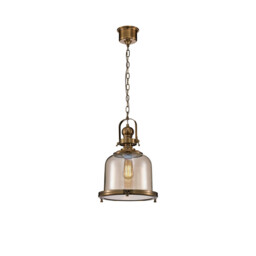 Vintage 33cm Bell Pendant, 1 Light E27, Antique Brass/Amber Glass - thumbnail 1
