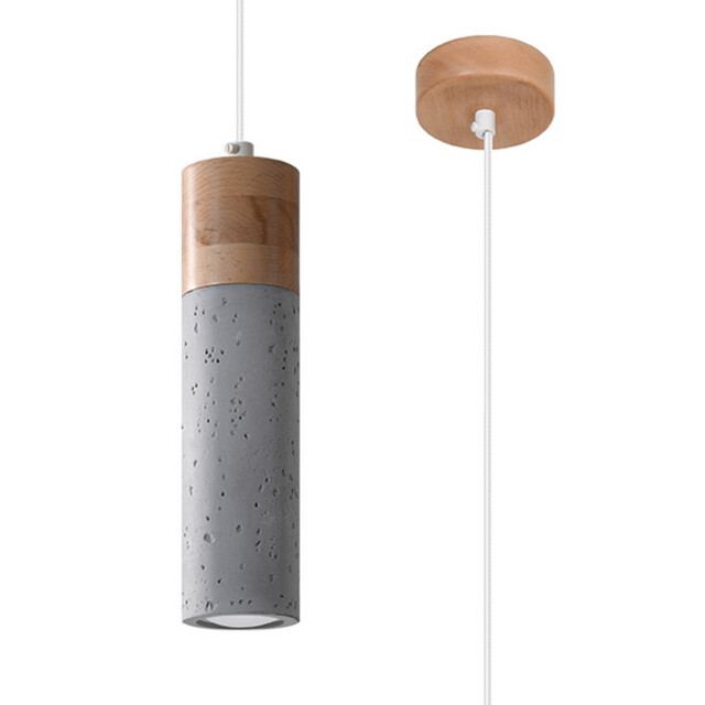 Zane Slim Pendant Ceiling Light Concrete Grey, Natural Wood - image 1