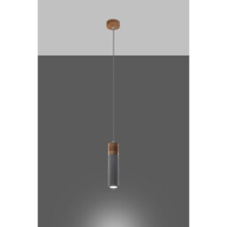 Zane Slim Pendant Ceiling Light Concrete Grey, Natural Wood - thumbnail 3