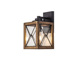 Clarendon Small Wall Lamp, 1 x E27, Wood Effect & Black, Clear Glass, IP54, 2yrs Warranty