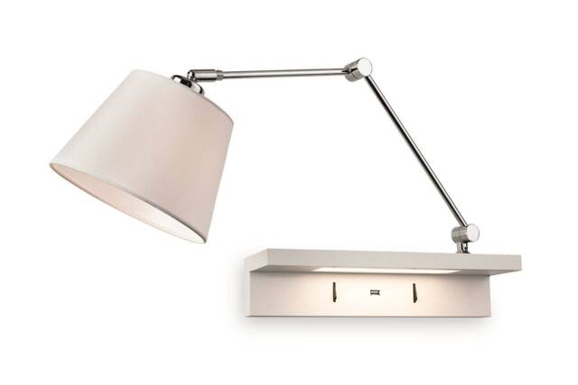 Rex 1 Light Indoor Wall Light Light, Shelf & USB Port Chrome, Cream Shade and White Shelf, E27