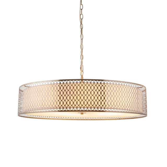 Cordero Cylindrical Pendant Ceiling Light Satin Nickel Plate, White Fabric & Frosted Glass 5x E27 - image 1
