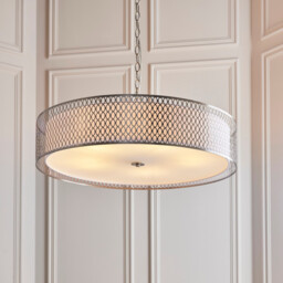Cordero Cylindrical Pendant Ceiling Light Satin Nickel Plate, White Fabric & Frosted Glass 5x E27 - thumbnail 3