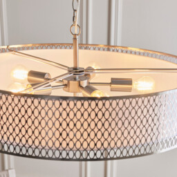 Cordero Cylindrical Pendant Ceiling Light Satin Nickel Plate, White Fabric & Frosted Glass 5x E27 - thumbnail 5