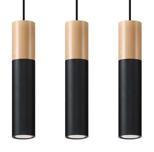 Pablo Triple Hanging Pendant Light Black, Natural Wood GU10 - image 1