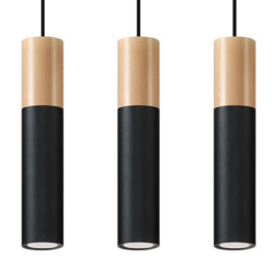Pablo Triple Hanging Pendant Light Black, Natural Wood GU10 - thumbnail 1
