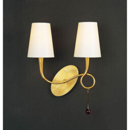 Paola Wall Lamp 2 Light E14, Gold Painted With Cream Shades & Amber Glass Droplets - thumbnail 2
