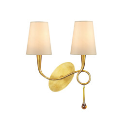 Paola Wall Lamp 2 Light E14, Gold Painted With Cream Shades & Amber Glass Droplets