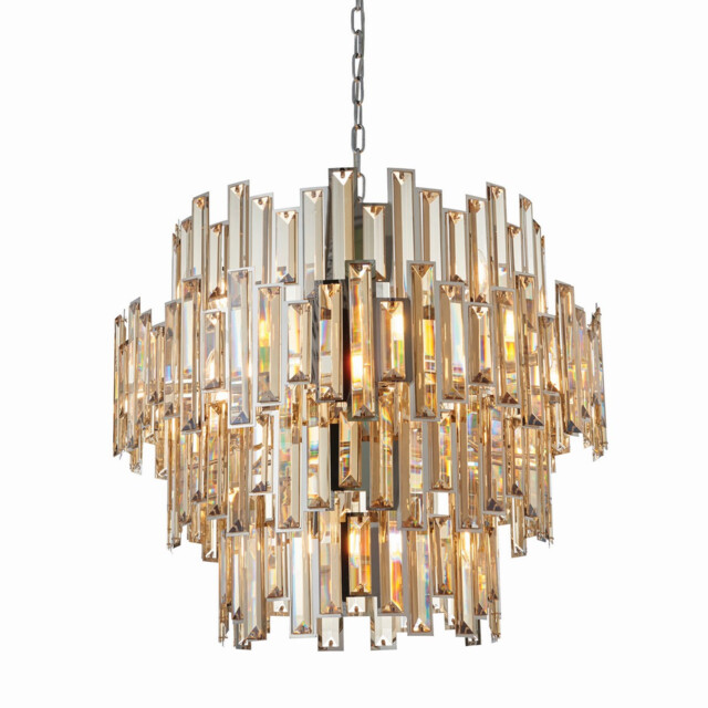 Viviana Pendant Chrome Effect Plate & Champagne Crystal (K9) Drops 15 Light Dimmable IP20 - E14 - image 1
