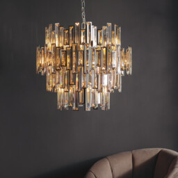 Viviana Pendant Chrome Effect Plate & Champagne Crystal (K9) Drops 15 Light Dimmable IP20 - E14 - thumbnail 2