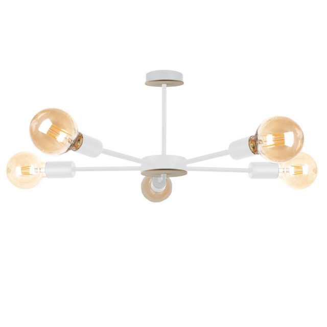 Sun Multi Arm Semi Flush Ceiling Light Wood, White, 48cm, 5x E27