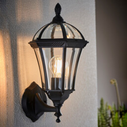 Drayton 1 Light Outdoor Wall Up Lantern Clear Glass, Black Paint IP44, E27 - thumbnail 2