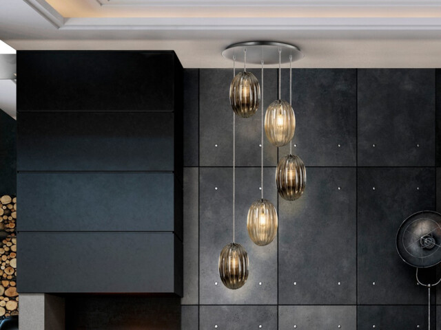 Ovila Modern Cluster Drop 5 Light LED Pendant Light, Oval Brandy & Smoke Grey Shades - image 1