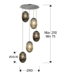 Ovila Modern Cluster Drop 5 Light LED Pendant Light, Oval Brandy & Smoke Grey Shades - thumbnail 3