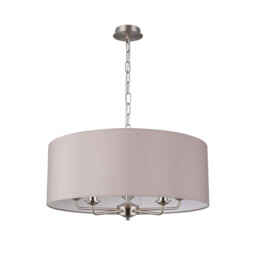 Banyan 5 Light Multi Arm Pendant, E14 Satin Nickel With 60cm x 22cm Faux Silk Shade, Grey/White Laminate - thumbnail 5