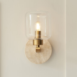 Travi Wall Lamp Natural Travertine, Vintage Brass & Clear Glass E14 - thumbnail 5