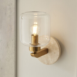 Travi Wall Lamp Natural Travertine, Vintage Brass & Clear Glass E14 - thumbnail 3