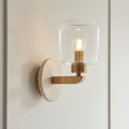 Travi Wall Lamp Natural Travertine, Vintage Brass & Clear Glass E14 - thumbnail 2