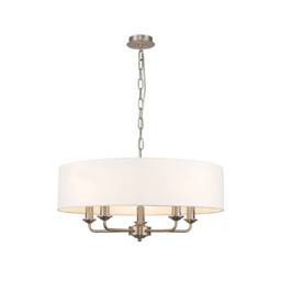 Banyan 5 Light Multi Arm Pendant, E14 Satin Nickel With 60cm x 15cm Faux Silk Shade, White