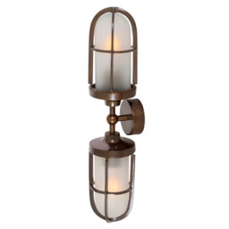 Clayton Outdoor Double Wall Light, Antique Brass, Frosted Glass, IP54