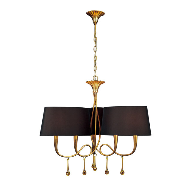 Paola Pendant 3 Arm 6 Light E14, Gold Painted With Black Shades & Amber Glass Droplets - image 1