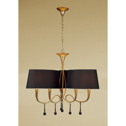 Paola Pendant 3 Arm 6 Light E14, Gold Painted With Black Shades & Amber Glass Droplets - thumbnail 2