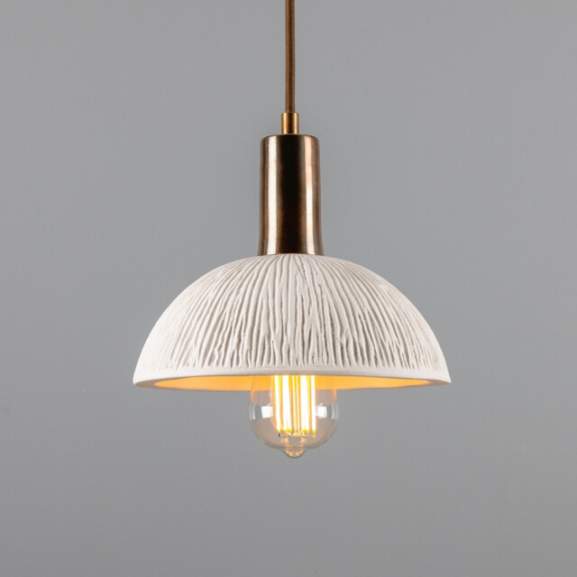 Kauri Dome Pendant, Matte White Striped, Antique Brass - image 1