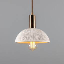 Kauri Dome Pendant, Matte White Striped, Antique Brass