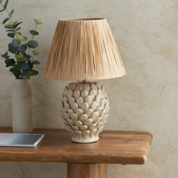 Layered Leaf Ivory Crackle Glaze Table Lamp with Natural Raffia Raffia Shade 30cm B22 - thumbnail 3