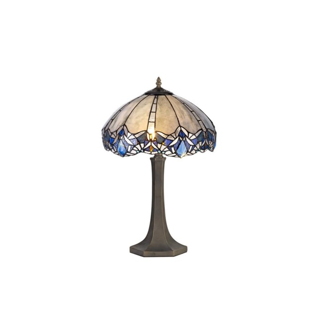 Worcester 2 Light Octagonal Table Lamp E27 With 40cm Tiffany Shade, Blue, Clear Crystal, Aged Antique Brass - image 1