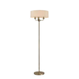 Banyan 3 Light Switched Floor Lamp With 45cm x 15cm Faux Silk Shade, Ivory Pearl/White Laminate Antique Brass