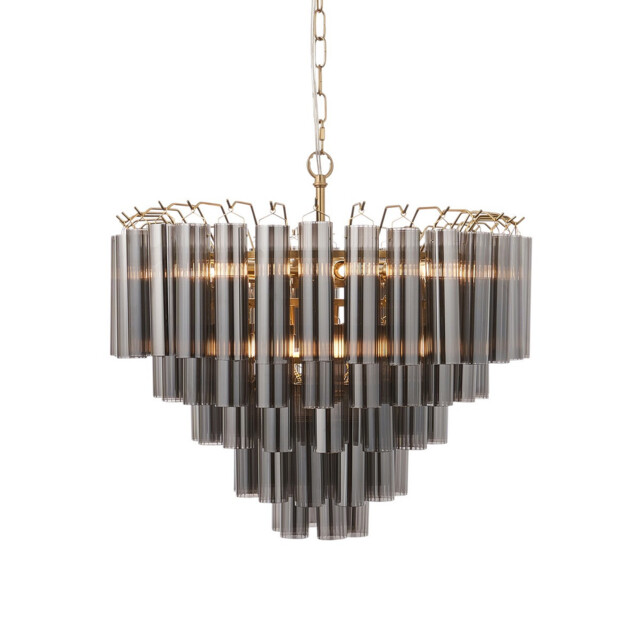 Toulouse Pendant Ceiling Light Satin Brass Plate, Smokey Grey Lustre Glass, 12x G9 - image 1