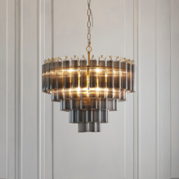 Toulouse Pendant Ceiling Light Satin Brass Plate, Smokey Grey Lustre Glass, 12x G9 - thumbnail 2