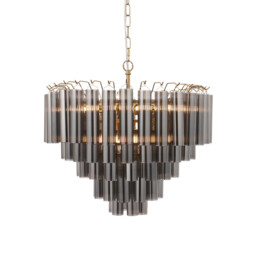 Toulouse Pendant Ceiling Light Satin Brass Plate, Smokey Grey Lustre Glass, 12x G9